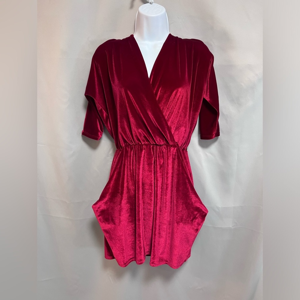 Urban Outfitters Mini  Dress Small‎ Red Velvet Stretch Pockets V-Neck